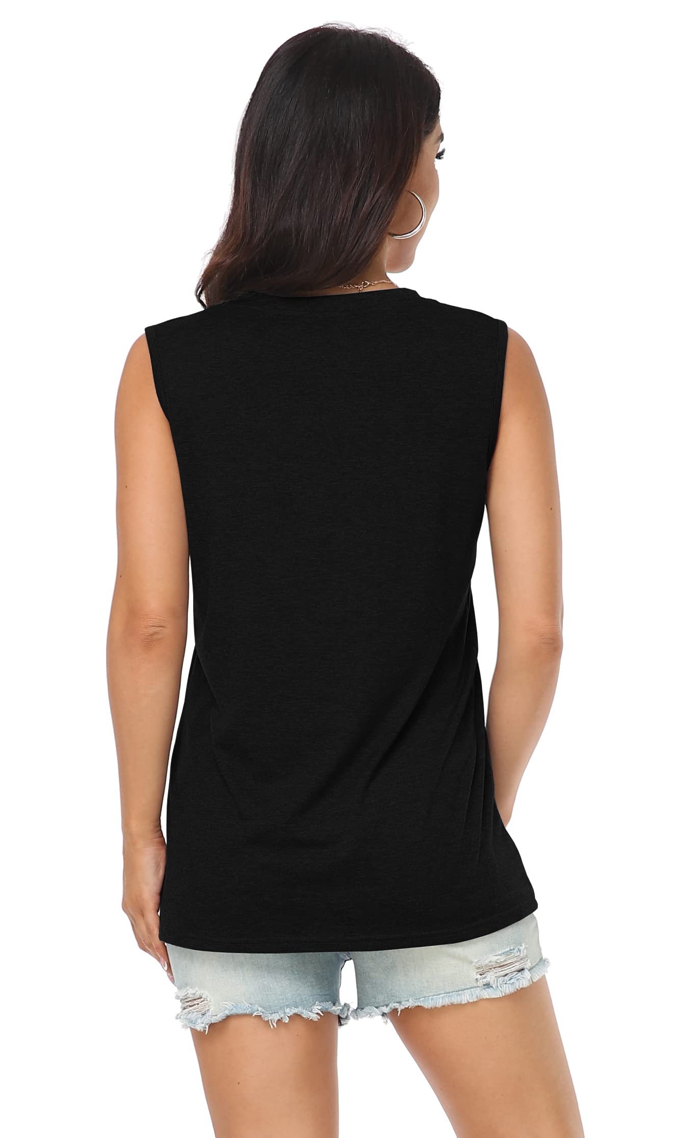 Womens Tank Tops Sleeveless Tshirts Round Neck Casual Loose Fit Workout Basic Tunic Blouses(Black Letters, S)