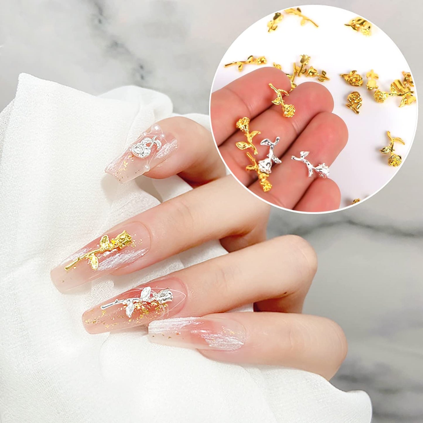 DANNEASY 120pcs Rose Nail Charms Gold Silver Flower Rose Buds/Blooming Charms for Nails Alloy Nail Jewels 3D Nail Art Charms Nail Decoration for Acrylic Nails DIY Nails Design Accessories