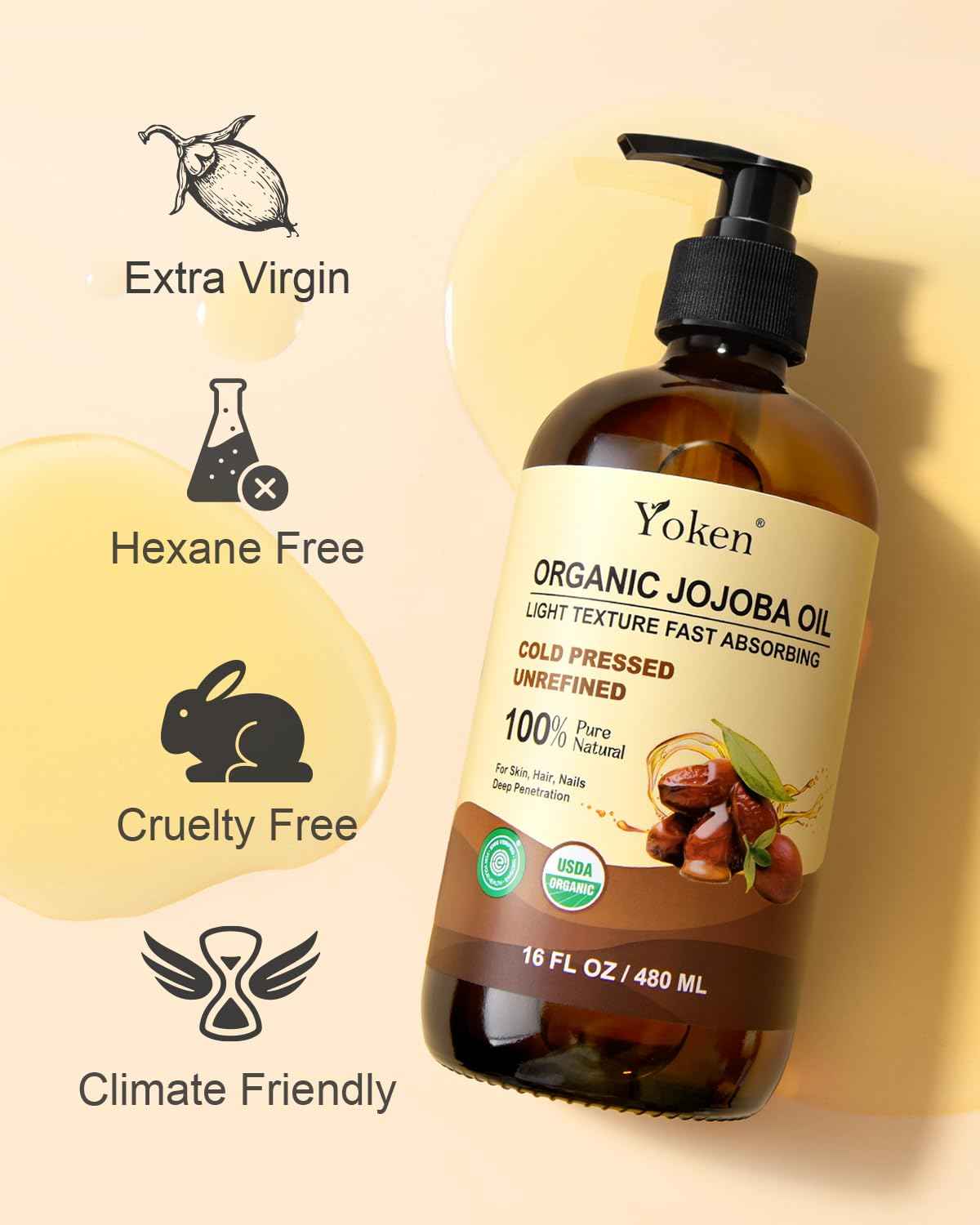 Yoken Organic Jojoba Oil Glass Bottle 16 fl oz, USDA Certified 100 Pure & Natural Jojoba Oil for Hair, Skin & Face, Cold Pressed Unrefined Hexane Free, Deeply Moisturizing Body Serum for Gua Sha