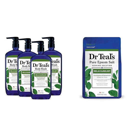 Dr Teal's Body Wash with Pure Epsom Salt, Relax & Relief with Eucalyptus & Spearmint, 24 fl oz (Pack of 4) (Packaging May Vary) & Pure Epsom Salt Soak, Relax & Relief with Eucalyptus & Spearmint, 3lbs