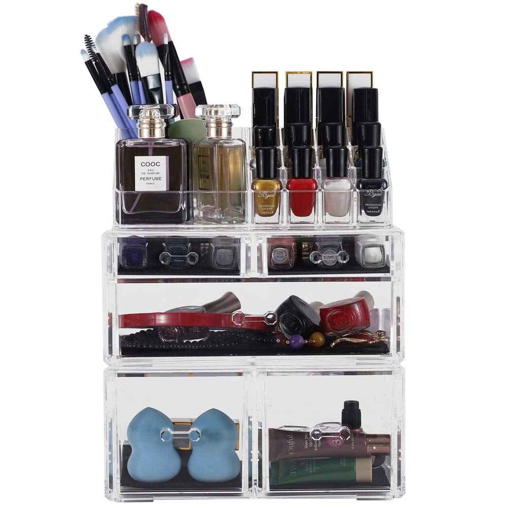 Sooyee Makeup Organizer,Acrylic Cosmetic Organizer Storage Drawers Jewelry and Cosmetic Display Cases Box(5 Drawers 7 Tiers) 3 Pieces Stackable,Clear
