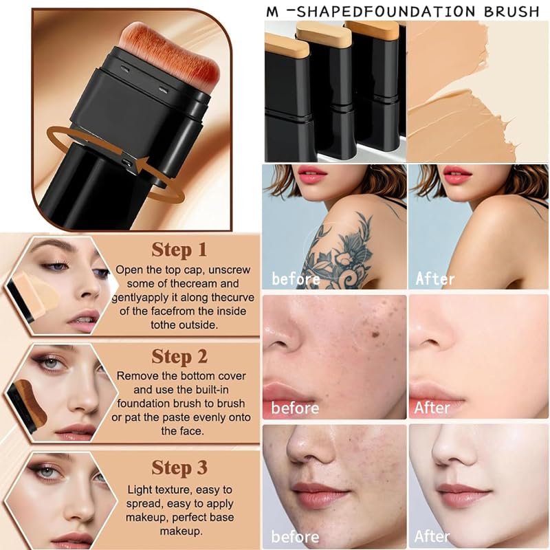 Full Coverage Foundation Stick with SPF 50+ & Built-In Brush