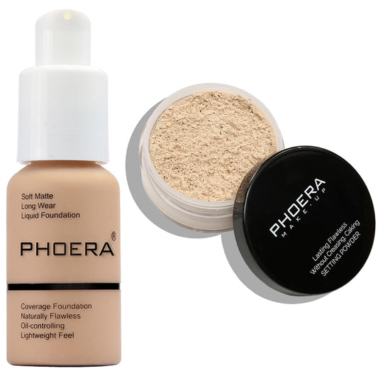 PHOERA Foundation Full Coverage,PHOERA Face Powder, Soft Focus Setting Powder, PHOERA Makeup Lightweight Wrinkles Matte Natural Finish for a Flawless Complexion (104 Buff Beige+N.02 Cool Beige)