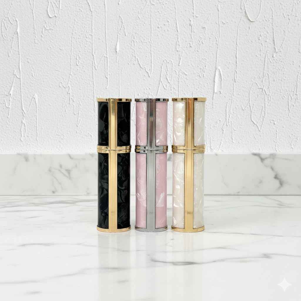 Ms Lovely Pearlescent Travel Perfume Atomizer Bottle – 5ml Refillable Mini Spray for Purse, TSA Approved Portable Fragrance Dispenser (Black with Gold)