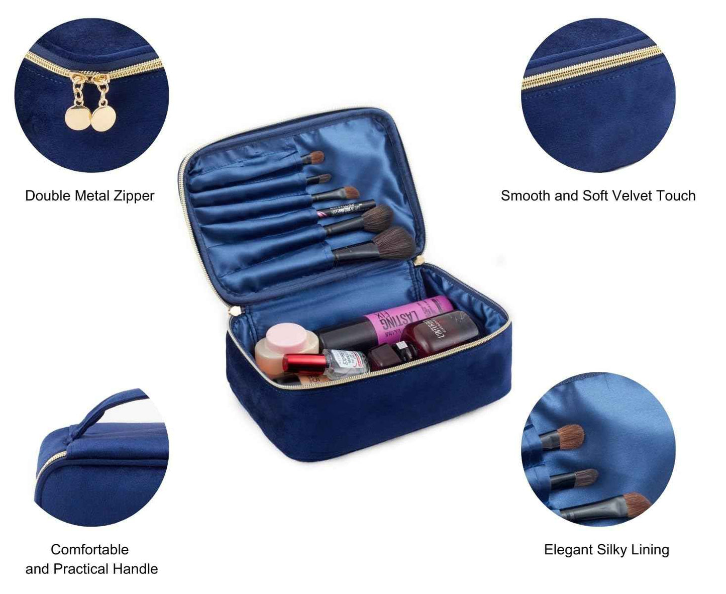 KOPY Velvet Makeup Bag for Women, Large and Classy Makeup Organizer, Make Up Travel Toiletry Bag Portable With Handle (Navy)