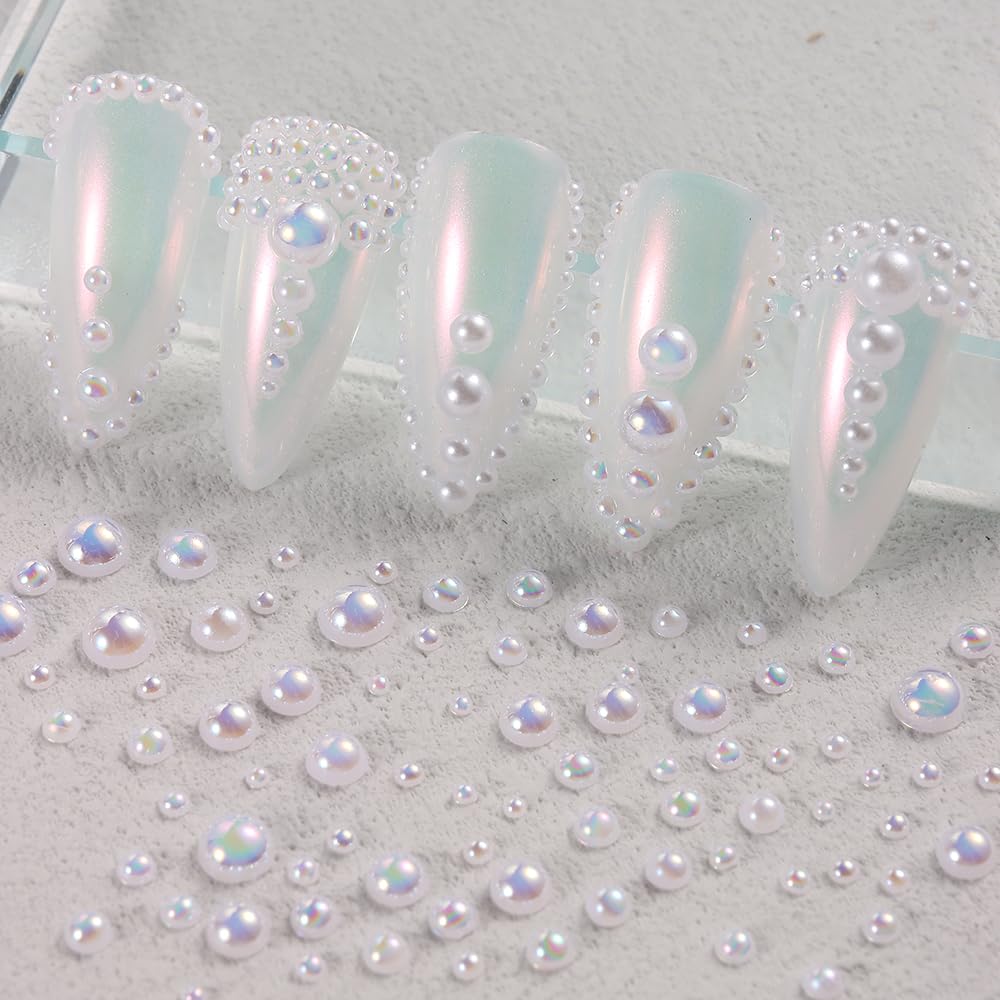 Nail Rhinestones and Pearls Nail Charms Kit, Multi Sizes Clear & AB Crystals Nail Rhinestones Gems, Flat Back White & White AB Pearls with Pickup Pencil and Tweezers