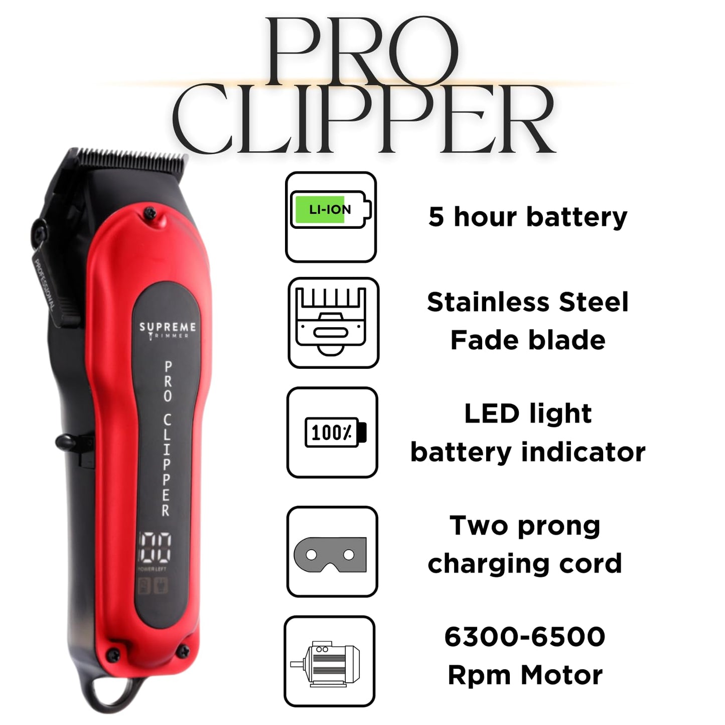 Supreme Trimmer Pro Clipper All Metal w/Fade Blade | 300 Min Run Time Professional Clipper Set, Cordless Beard Trimmer | STC5030 Red