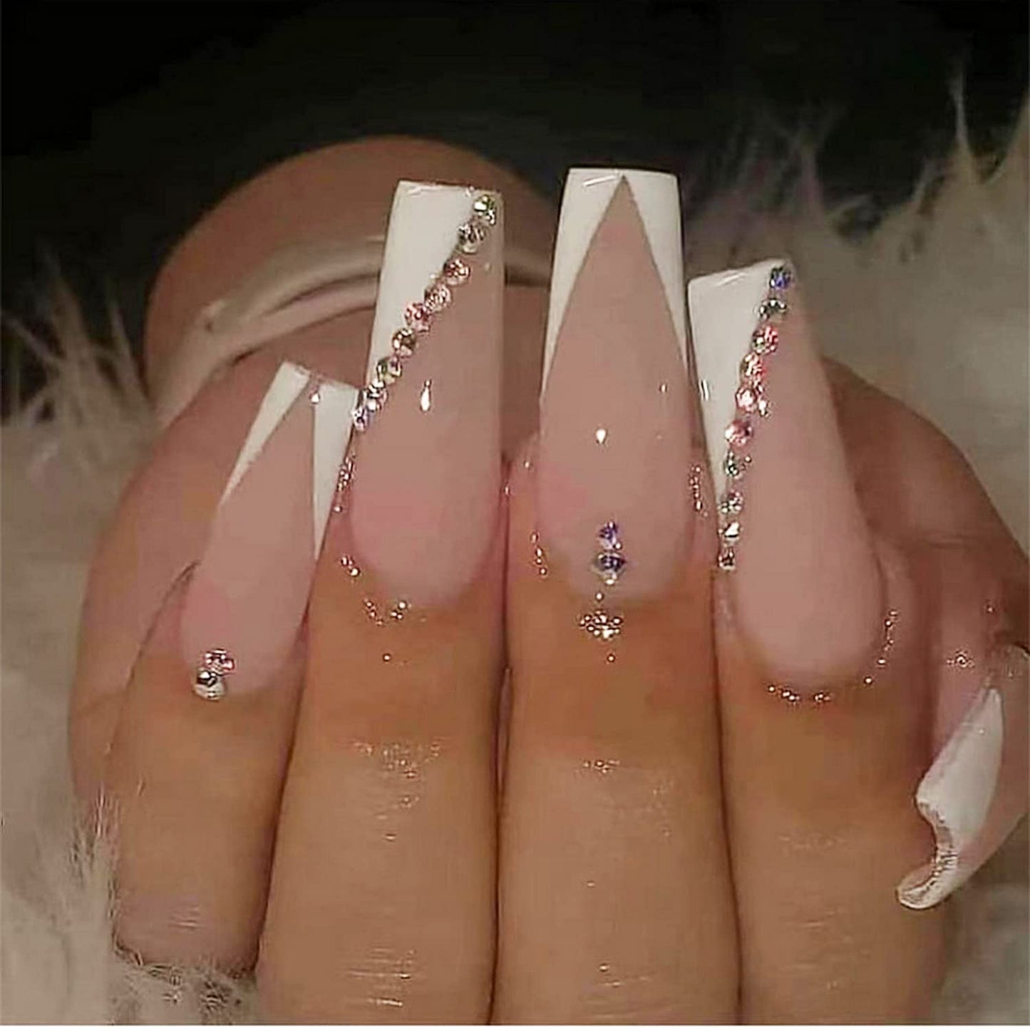 24 Pcs French Tip Press on Nails Medium Coffin Fake Nails Glossy Glue on Nails Full Cover False Nails with Rhinestones Designs French Nail Decorations for Women and Girls