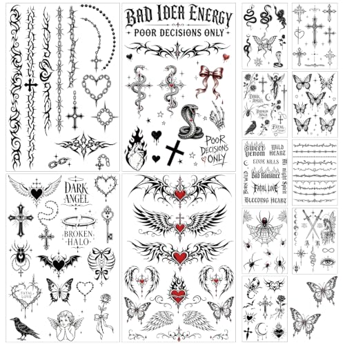 Black Temporary Tattoos - 13 Sheets Waterproof Gothic Designs