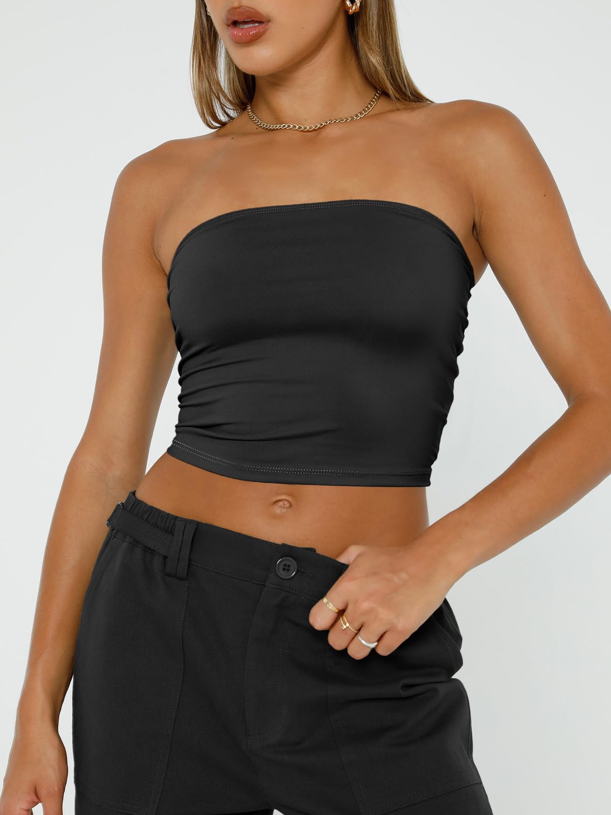 Trendy Queen Crop Tops for Women Bandeau Corset Strapless Summer Vacation Outfits 2024 Sexy Tube Going Out Tops Basic Backless Cute Sleeveless Slim Fit Teen Girls Clothing Black