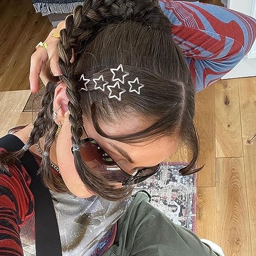 Star Hair Clips 2000s Y2K Snap Hair Barrettes Non Slip Star Hair Accessories Silver Metal Hair Clips for Girls Women -20 PCS 1.18", 1.57"