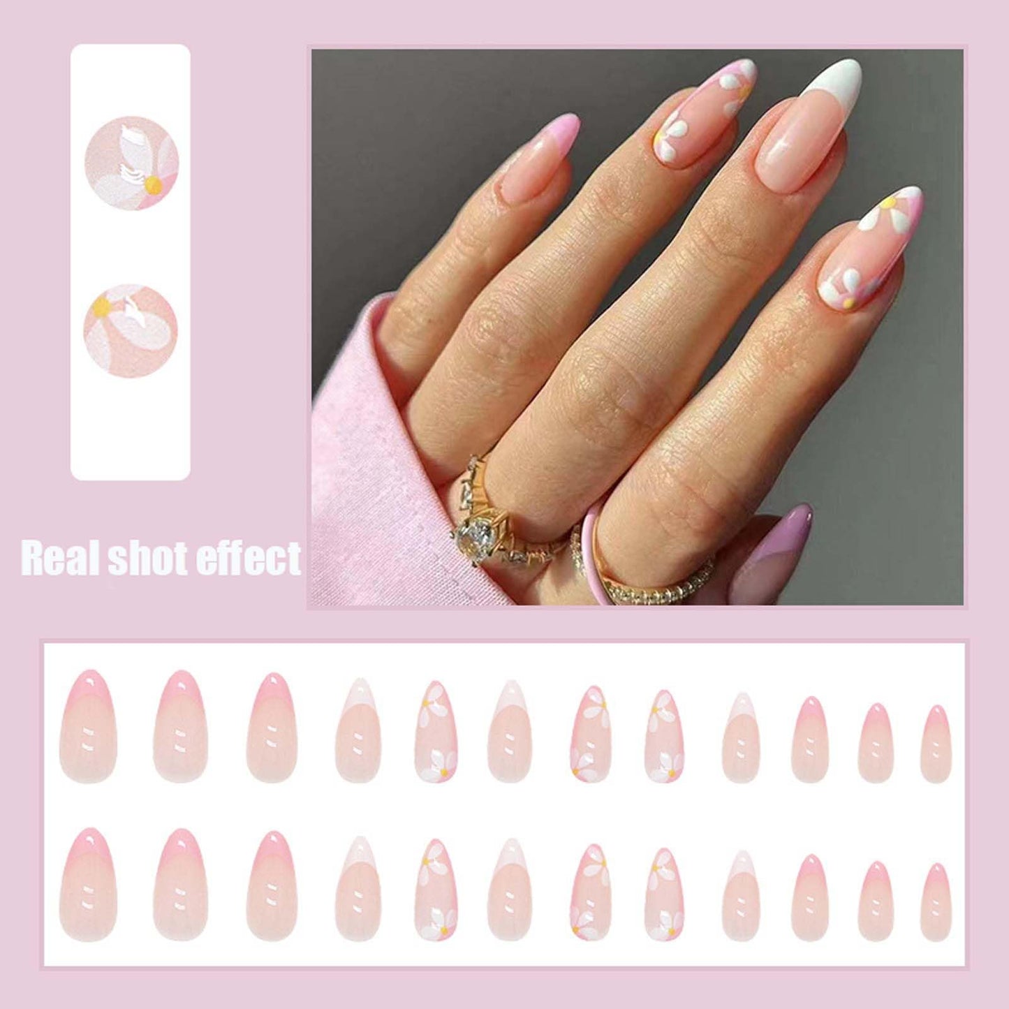 Almond Shaped Press on Nails Medium Almond Fake Nails with Little fresh Flower Design Acrylic Glue on Nails for Women Girls Full Cover Artificial False Stick on Nail for Daily Wear Wedding 24Pcs