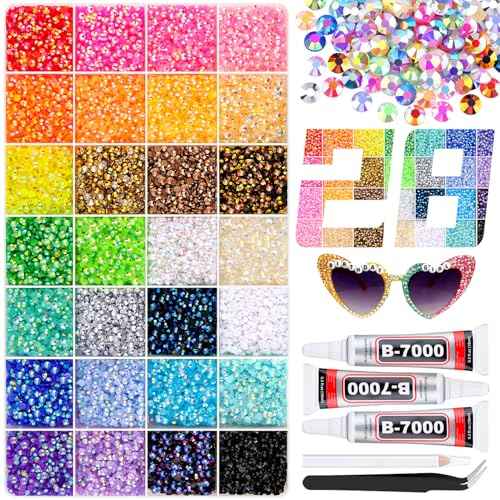 34000Pcs Resin Rhinestones with 3Pcs B7000 Jewelry Glue for Crafting, Multicolors 3mm Non Hotfix Flatback Gems, Bedazzling Crystal for DIY Crafts Clothing Tumblers Mugs Shoes Fabric Decor Nail Art