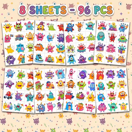 96 PCS Cute Monster Temporary Tattoos for Kids