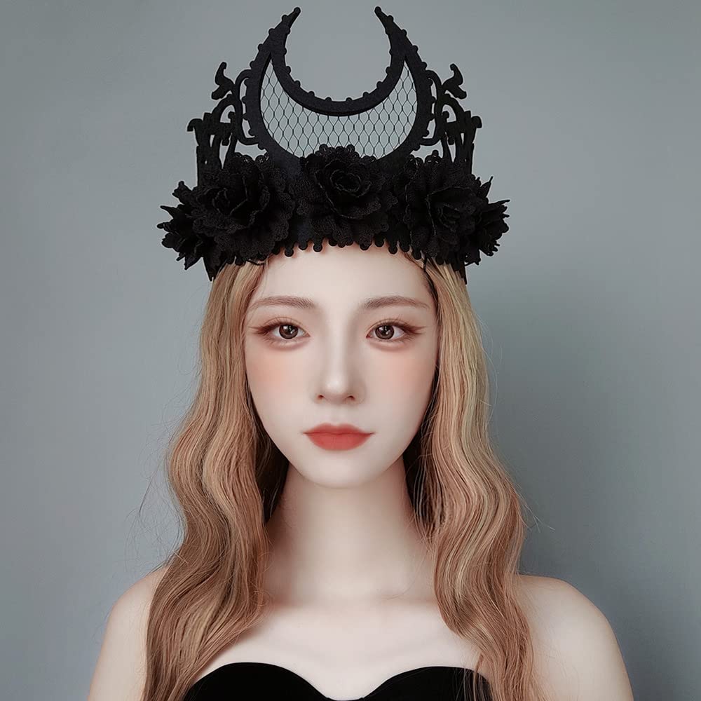 Love Sweety Halloween Vintage Crown Rose Headband Gothic Floral Headpiece (Moon Crown)