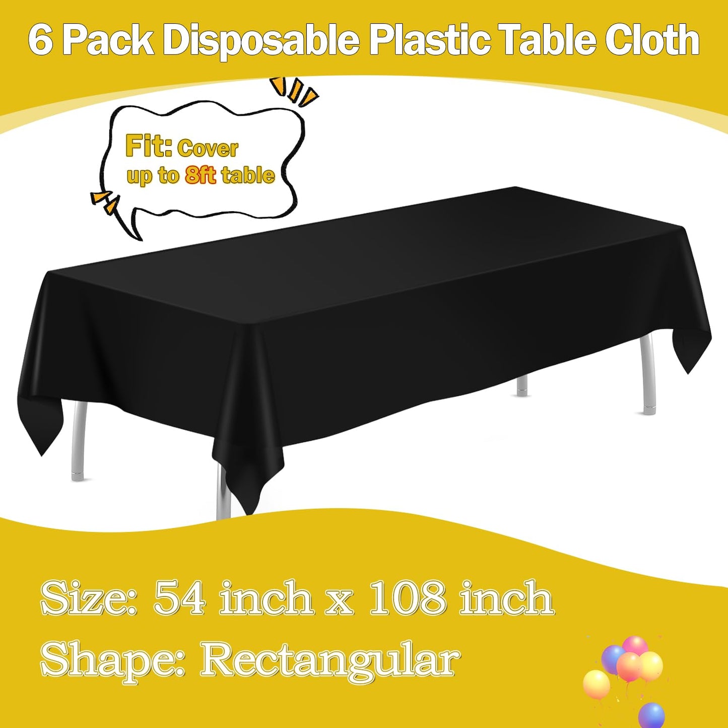 tujol Black 6 Pack Plastic Table Cloth 54" x 108", Disposable Tablecloths Rectangle Table Cover, Plastic Table Cloths for Parties