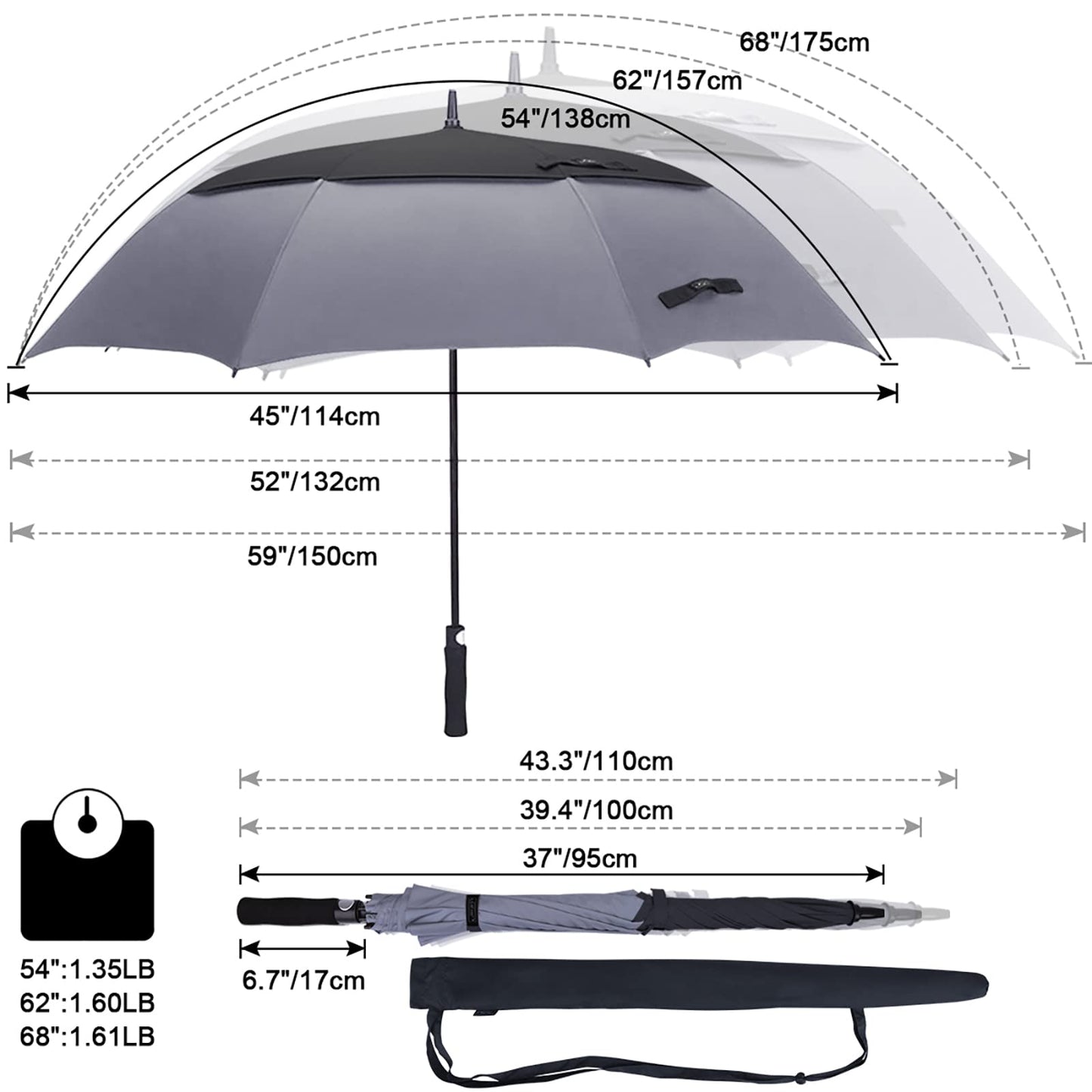 G4Free 54 Inch Automatic Open Golf Umbrella Windproof Extra Large Oversize Double Canopy Vented Windproof Waterproof Stick Umbrellas for Men (Black/Grey)