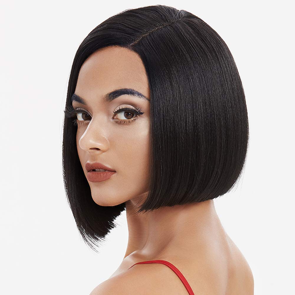 DÉBUT Synthetic Lace Front Wigs for Women, HD Lace Side Part Straight Bob Wig, Short Black Bob Heat Resistant Fibers 1B Color Asymmetrical 9.5 Inches