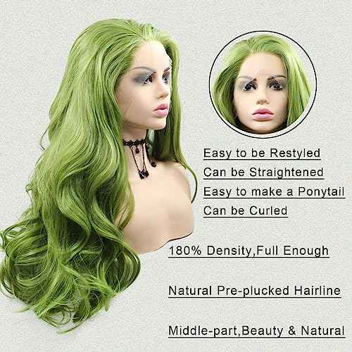 Green Lace Front Wig Body Wave Glueless Lace Wigs Olive Green Long Curly Wavy Pre Plucked Natural Wig Synthetic Heat Resistant Fiber Hair Colorful Wig for Women Daily 24 Inch