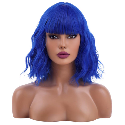 WTHCOS Dark Blue Short Curly Wavy Hair Wig for Women With Bangs Blue Wig Short Bob Wig Heat Resistant Synthetic Hair Wigs for Daily Use Cosplay Wig With Wig Cap