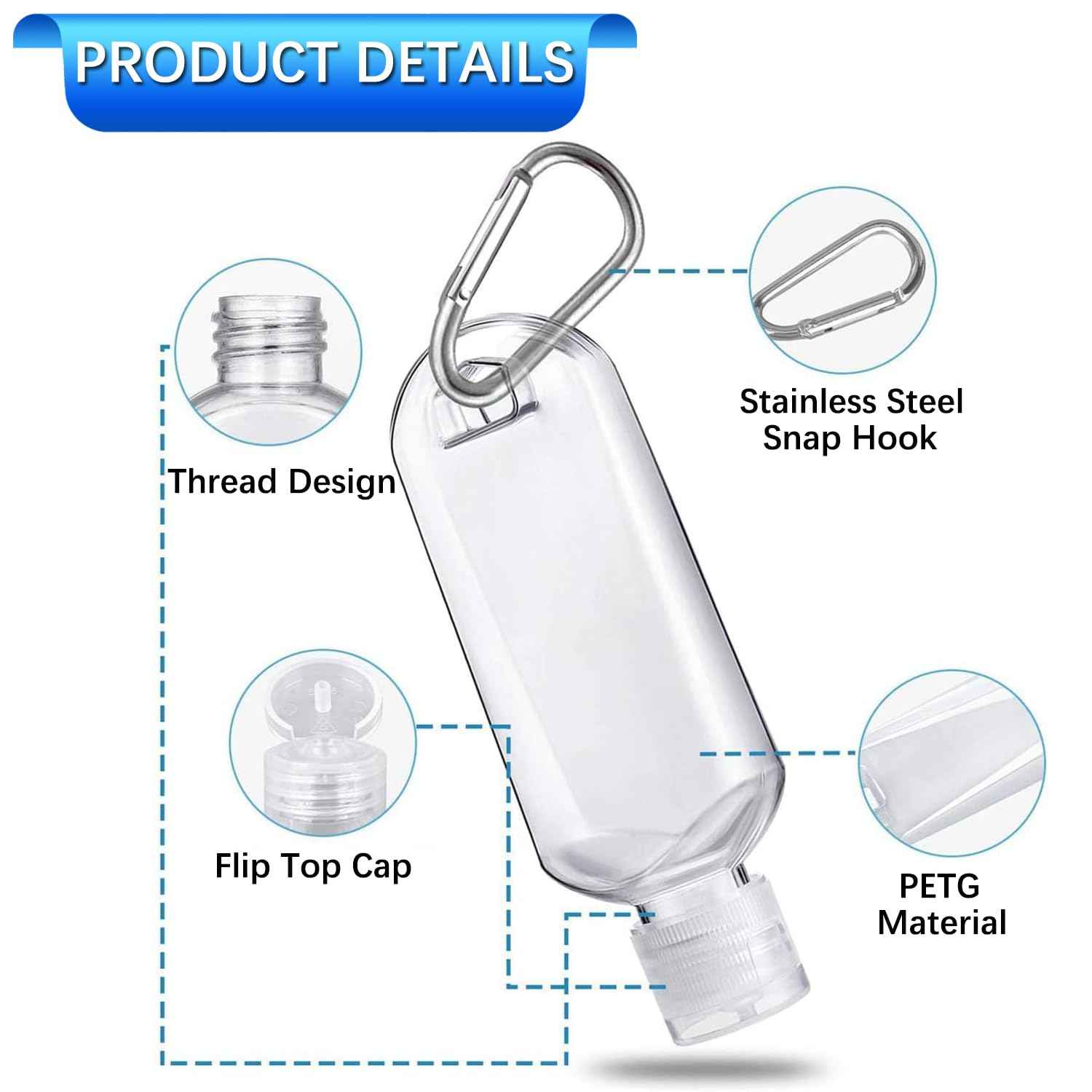 Ynaize 5 Pack Refillable Travel Plastic Bottles Containers with Clip Hand Sanitizer Travel Size Holder with Keychain Empty Bottles for Kids and Adult