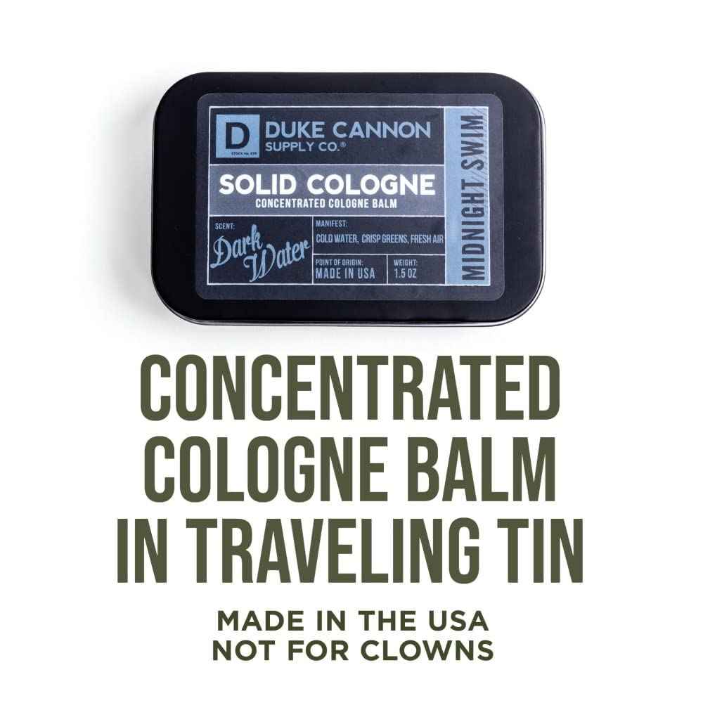 Duke Cannon Supply Co. Solid Cologne for Men Midnight Swim - Cold Water, Crisp Greens, Fresh Air - Concentrated Balm, Coconut Oil, Travel-Friendly Tin, 1.5 oz (1 unit)