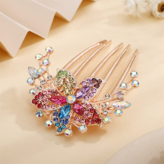 Aimimier Flower Crystal French Hair Comb Luxury Rhinestone Gem Side Combs Long Teeth Hair Pins Styling Hair Accessories for Women Girls(Colorful)