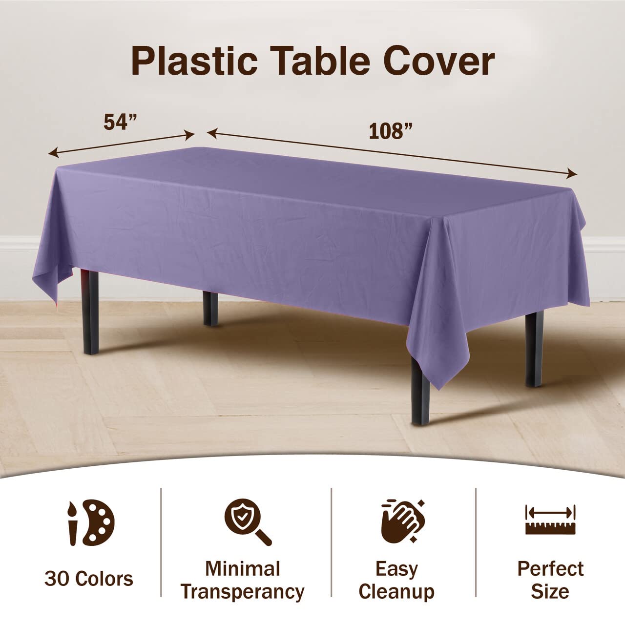 Exquisite 6-Pack Premium Plastic Tablecloth 54in. x 108in. Rectangle Plastic Table Cover - Lavender