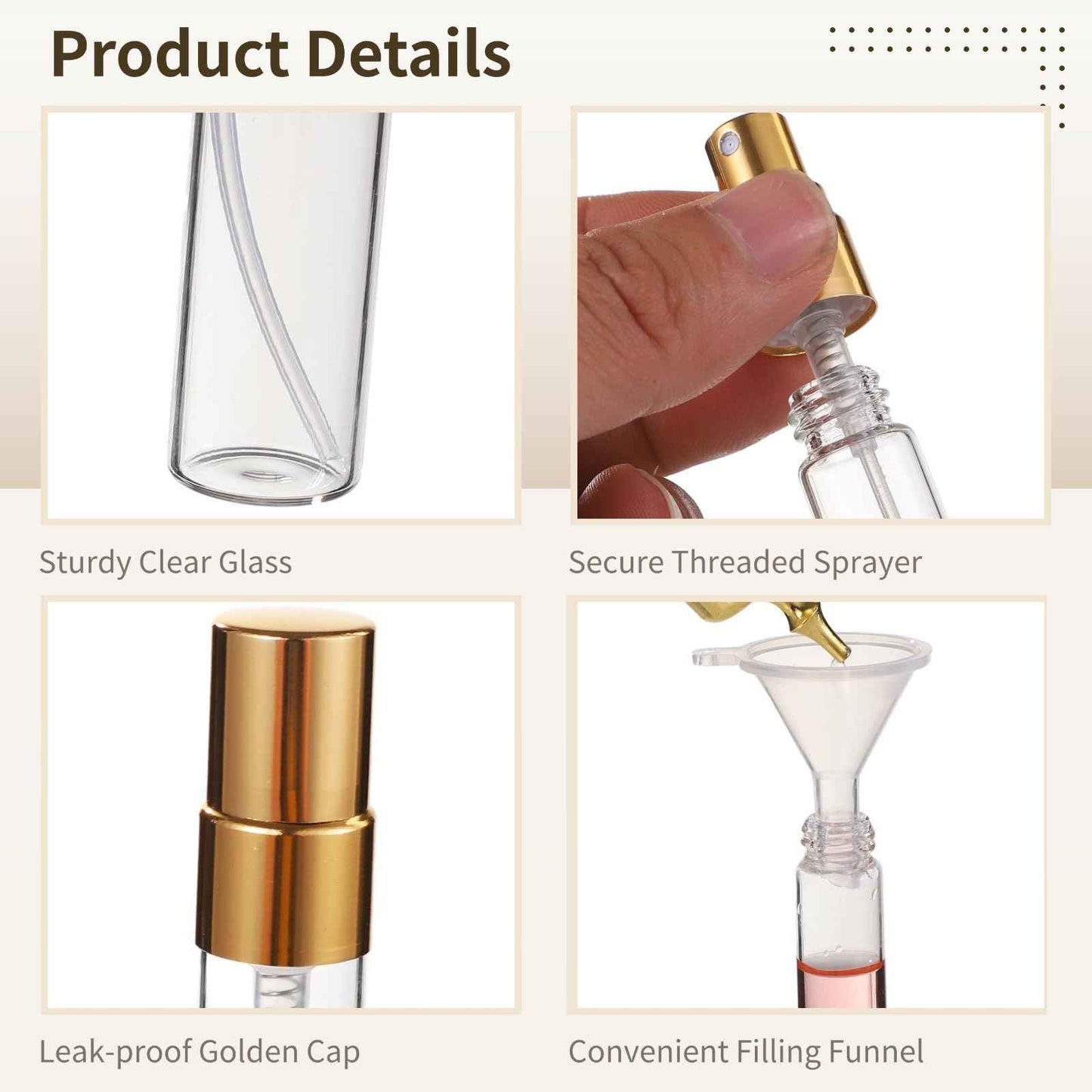 Lnrueg 50 Pcs 10 ml Perfume Bottles - Refillable Glass Mini Spray Bottles, Portable Travel Sample Containers, Fine Mist Atomizers with Caps, Includes 2 Funnels and 2 Dispensers, Ideal for Liquids