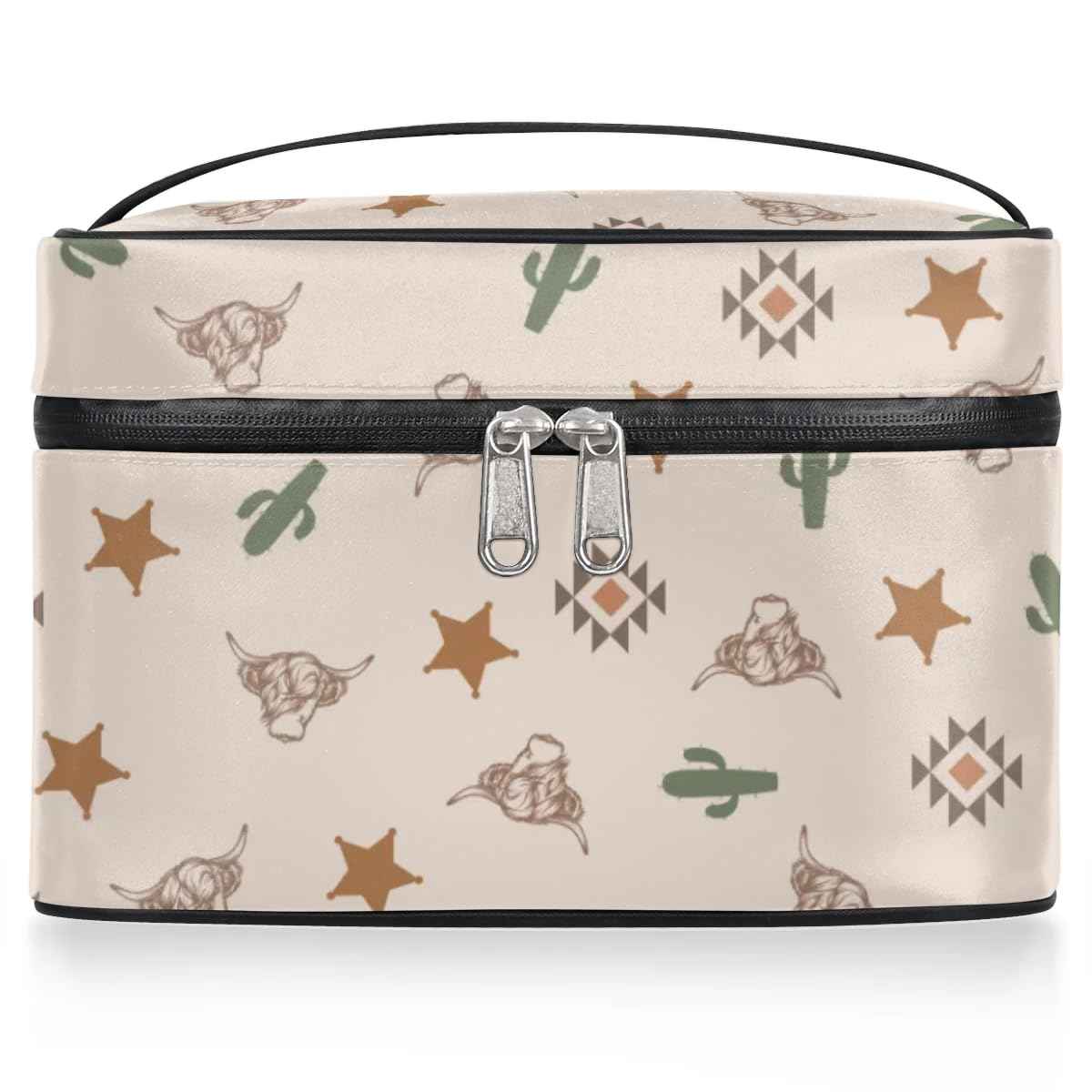 OMFUNS Highland Cow Makeup Bag, Western Cactus Travel Cosmetic Bag for Women Girls Large Capacity Make Up Case Cosmetic Organizer Toiletry Bag Zipper Pouch