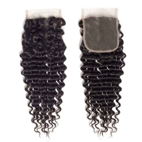 Brazilian Virgin Human Hair Deep Wave Lace Closure 4x4 Free Part 100% Unprocessed Deep Curly Transparent Lace Closure Natural Black color (14Inch)