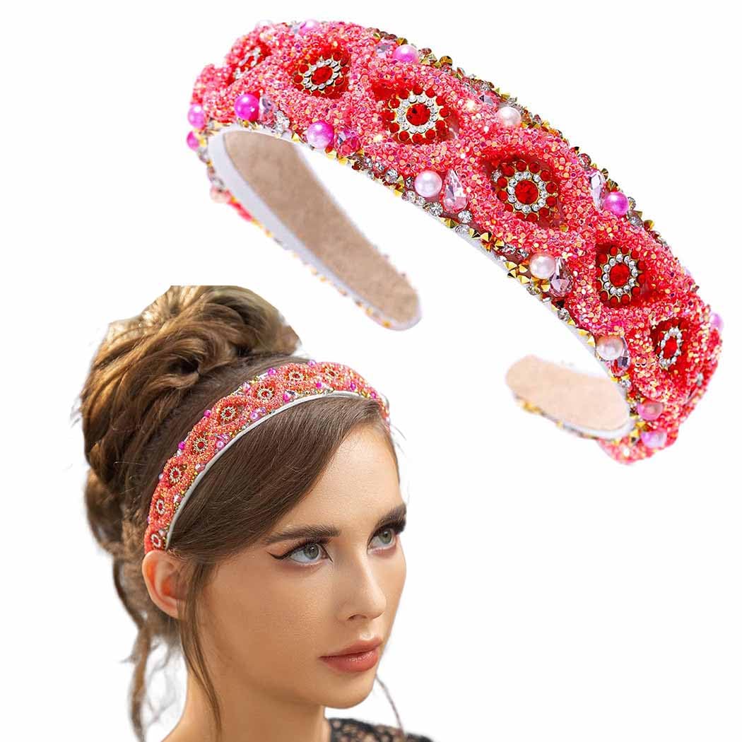 Barode Rhinestone Headbands Blue Glitter Crystal Wide Headband Bejewelled Hairband Pearl Bling Hair Accessories for Women (Orange)