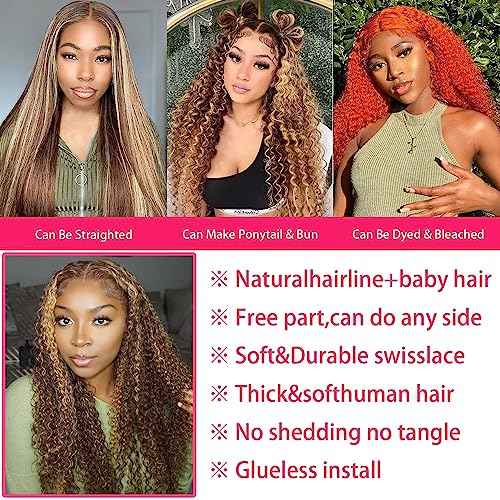 Highlight Ombre 13x6 Lace Front Wig Human Hair 13x6 Deep Wave HD Lace Frontal Wig for Women 180 Density Honey Blonde Deep Curly Frontal Wig Pre Plucked 4/27 Color 26 Inch