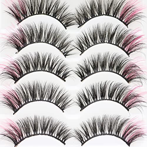 Pink Colored Wispy Lashes 14-16mm Full Volume 3D Fake Eyelashes 5 Pairs