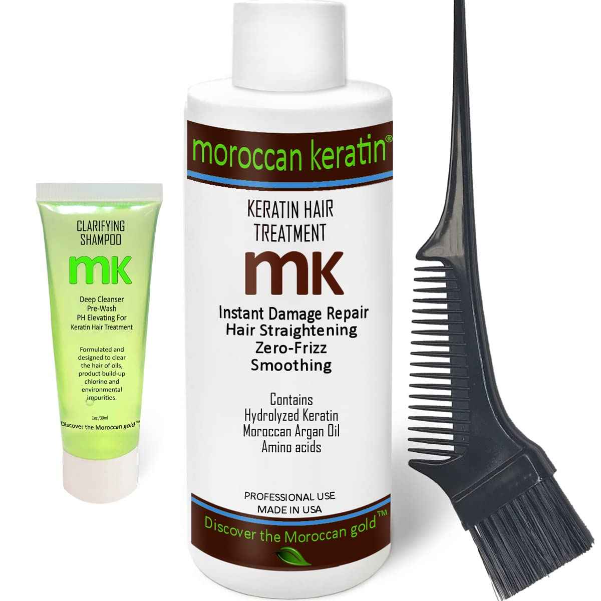 Moroccan Keratin Most Effective Brazilian Keratin Hair Treatment Straightening Complex Blowout Smoothing Natural Organic Results Salon Formula Clarifying Shampoo and Applicator Brush