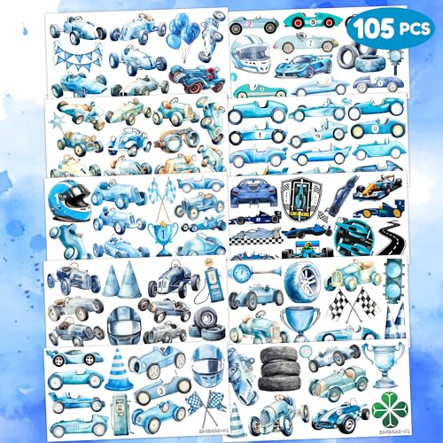 105 Pcs Blue Race Car Temporary Tattoos for Kids