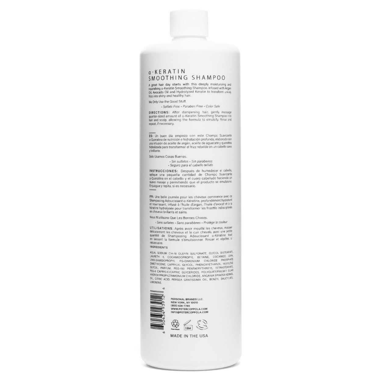 PETER COPPOLA A-Keratin Smoothing Shampoo - Sulfate Free Shampoo Infused with Argan Oil, Avocado, and Hydrolyzed Keratin Smooths, Softens, & Hydrates Thick, Coarse, Frizzy Hair (24oz)