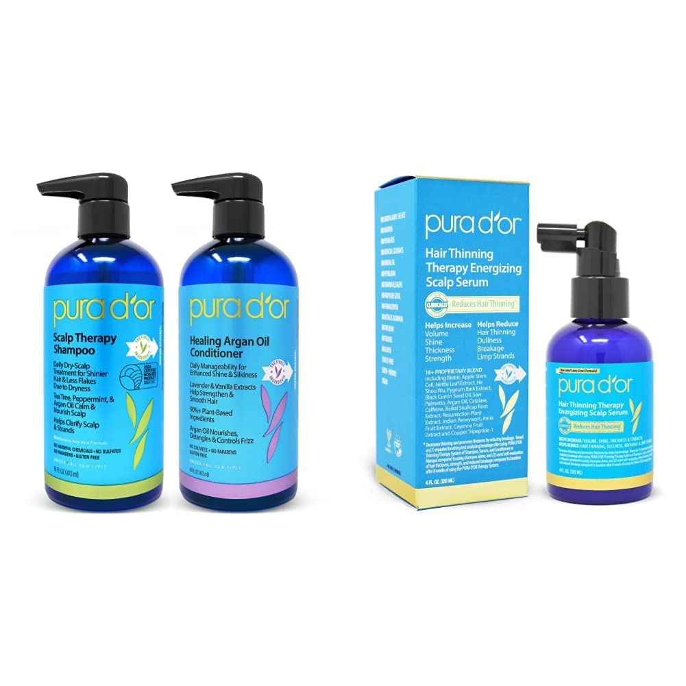 PURA D'OR Scalp Therapy Shampoo & Conditioner Set + Serum Revitalizer for Dry, Itchy Scalp