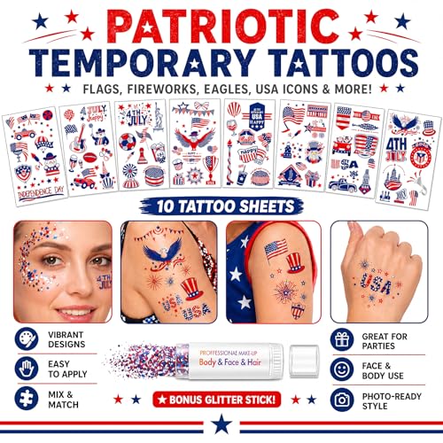 100 Patriotic Temporary Tattoos + Glitter Gel Stick Kit