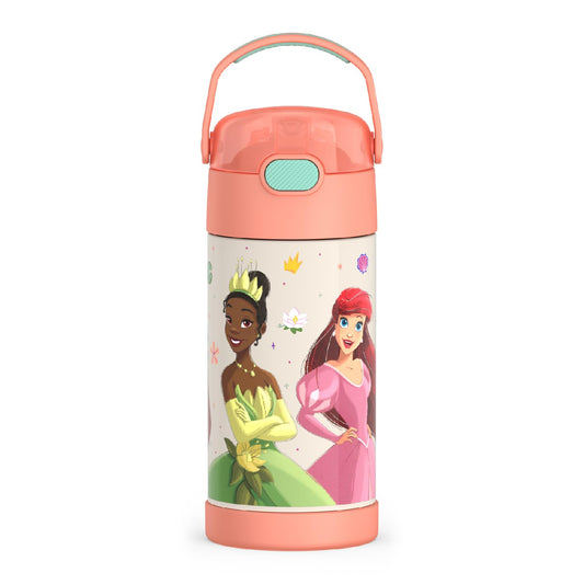 THERMOS FUNTAINER Water Bottle with Straw - 12 Ounce, Princesses - Kids Stainless Steel Vacuum Insulated Water Bottle with Lid