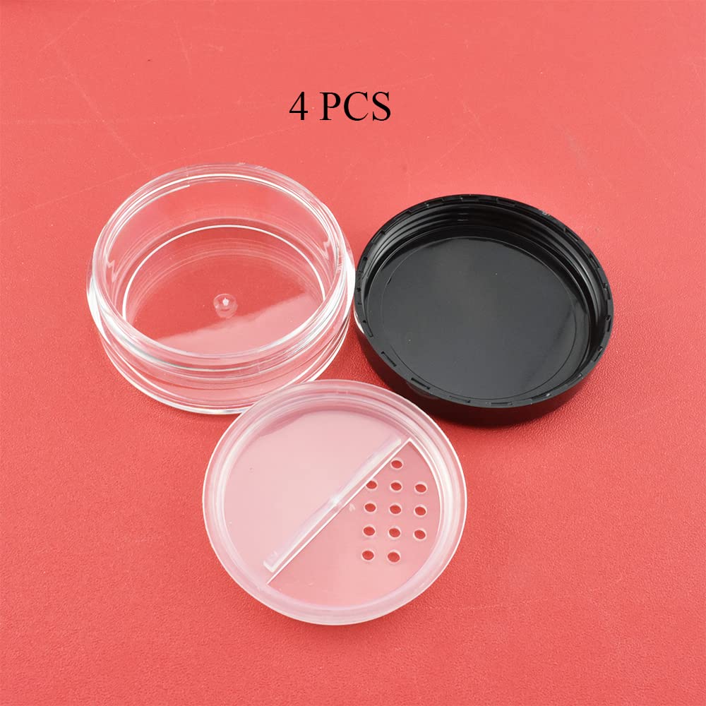 HAHIYO 4Pcs 10ml/0.34oz Plastic Empty Travel Powder Container Small Loose Powder Compact Case Makeup Cosmetic Jar Refillable Powder Box No Leak Powder Holder with Rotatable Sifter and Black Screw Lid