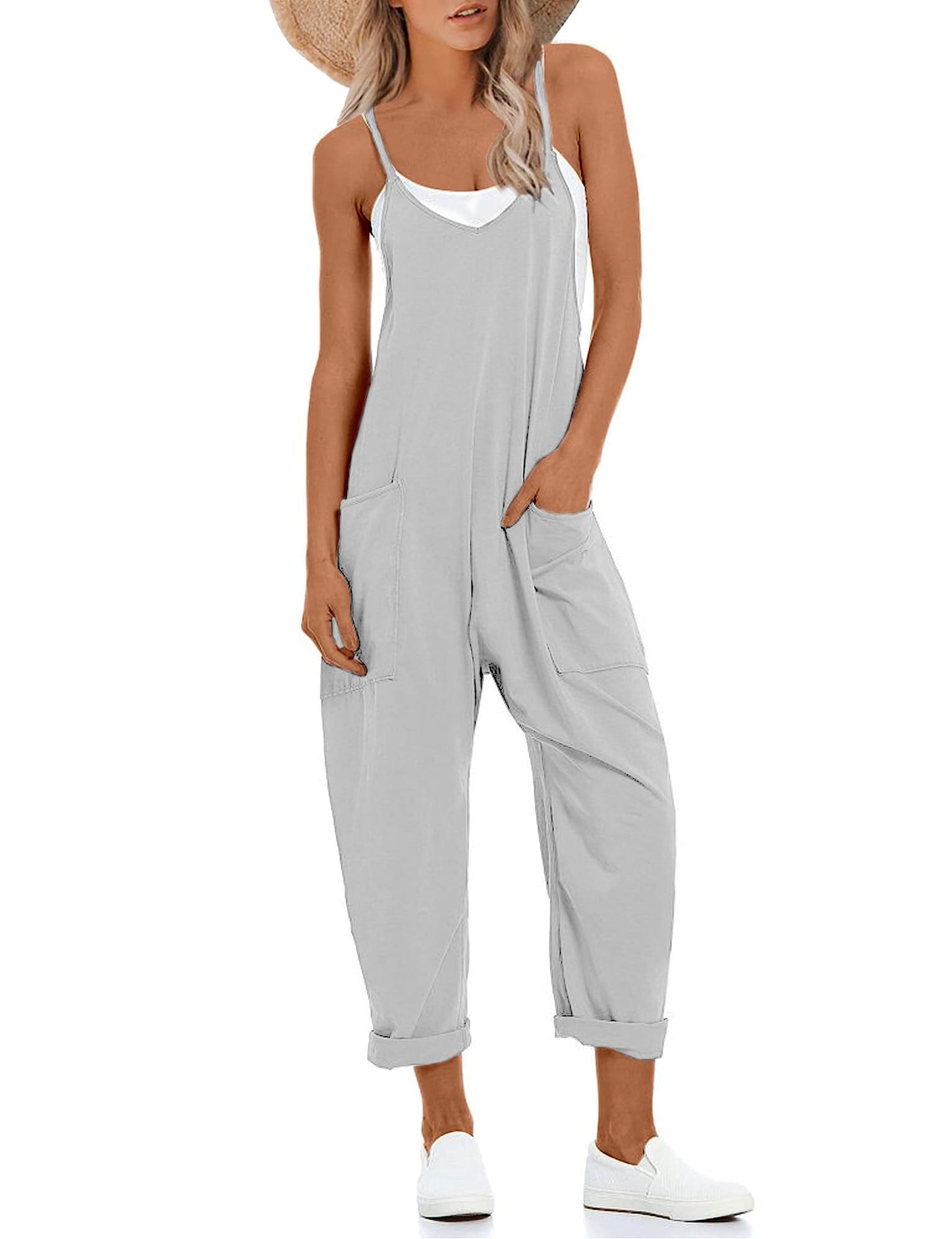 Lentta Women's Causal Jumpsuits V Neck Sleeveless Harem Overalls Stretchy Adjustable Strap Romper with Pockets(LightGrey-S)