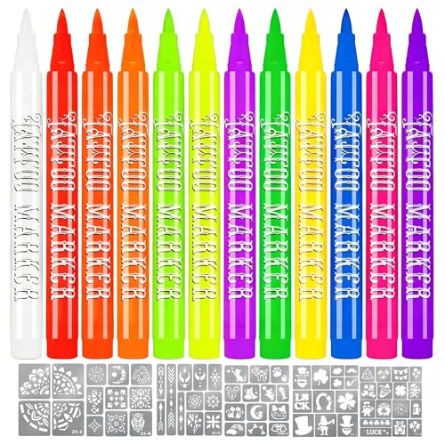 Fluorescent Body Paint Markers, 12 Colors Glow in UV Light with 6 Stencils