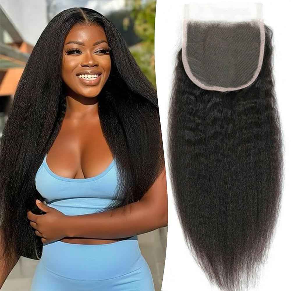 QTHAIR 16A Kinky Straight Lace Closure (16inch) 4x4 Free Part 150% Density Top Swiss Lace Natural Kinky Straight Human Hair Closure with Baby Hair