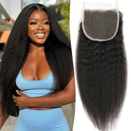 QTHAIR 16A Kinky Straight Lace Closure (16inch) 4x4 Free Part 150% Density Top Swiss Lace Natural Kinky Straight Human Hair Closure with Baby Hair
