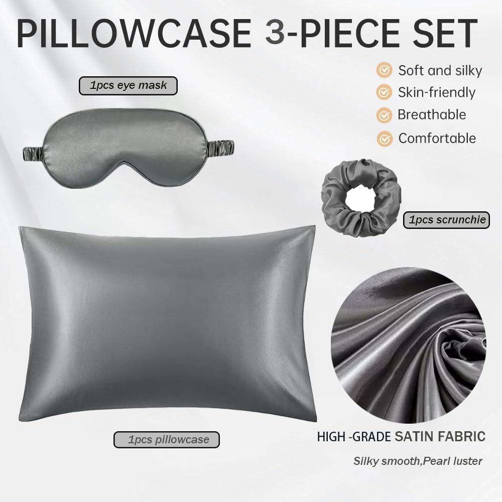 Silky Grey Satin Pillowcase Eye Mask 3-Piece Set 20"x30" Satin Pillow Case Sleep Mask and Scrunchies Blindfold Gift Set for Men Women (Gray)