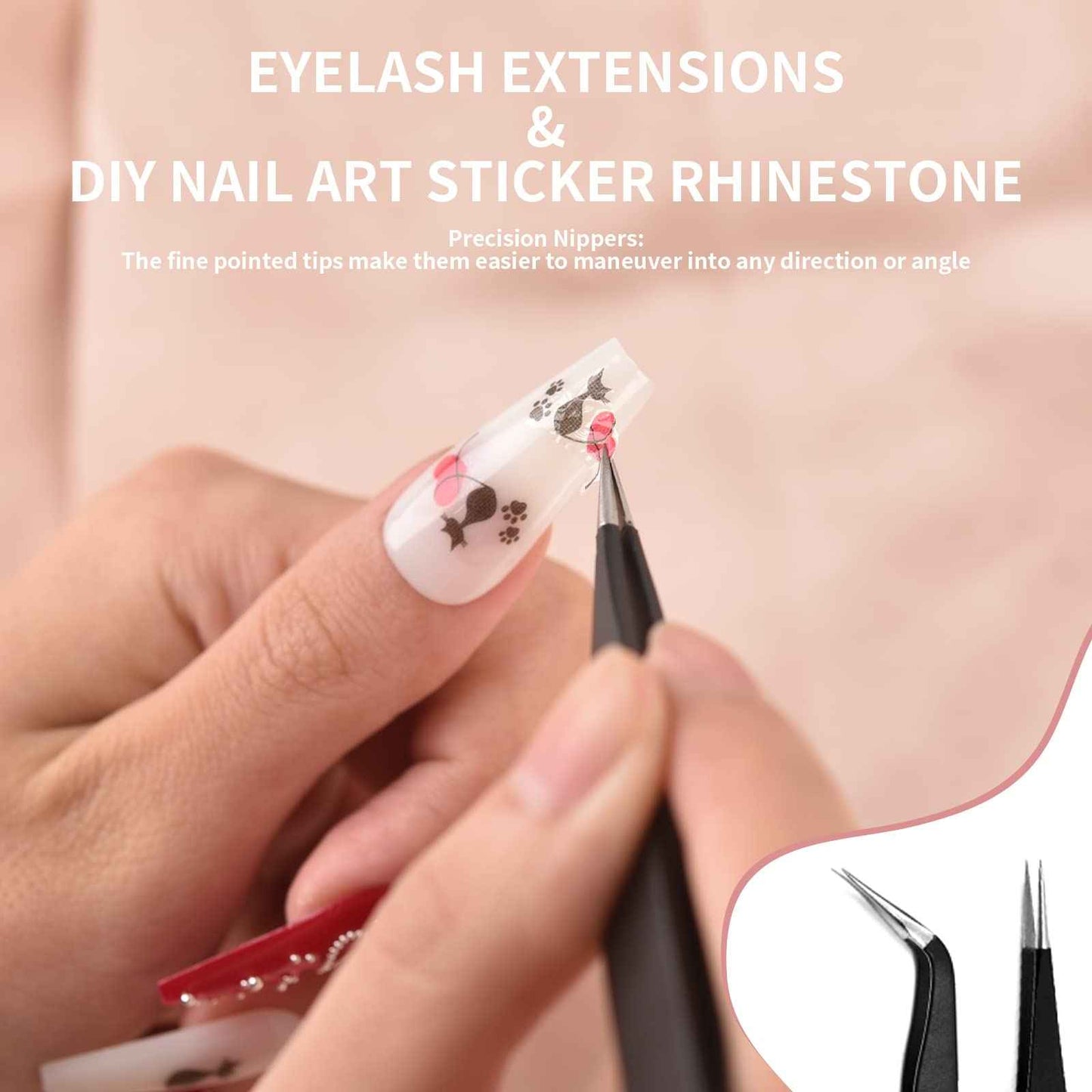 Rolabling 2pcs Elbow & Straight Black Nail Tweezers Rhinestone Picker Manicure Nail Art Tool (Set-1)