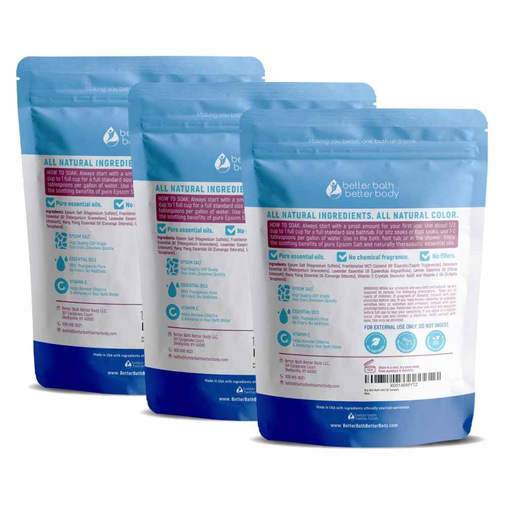 Dry Skin Bath Salt (3 Pack with Scoop) Skin Soothing Epsom Salt with Pure Essential Oils in BPA Free Pouch with Press Lock Seal Made in USA Three 2 Lbs Pouches 6 Lbs Total