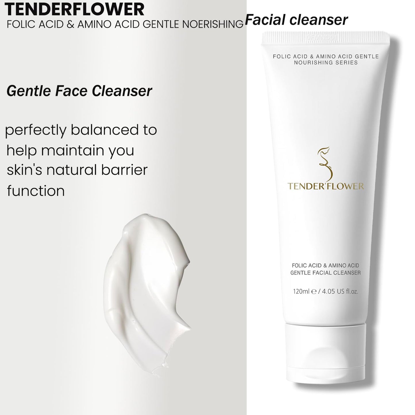 TENDER'FLOWER Folic Acid & Amino Acid Gentle Facial Cleanser，cleaning for all skin types 4fl oz(Pack of 1)