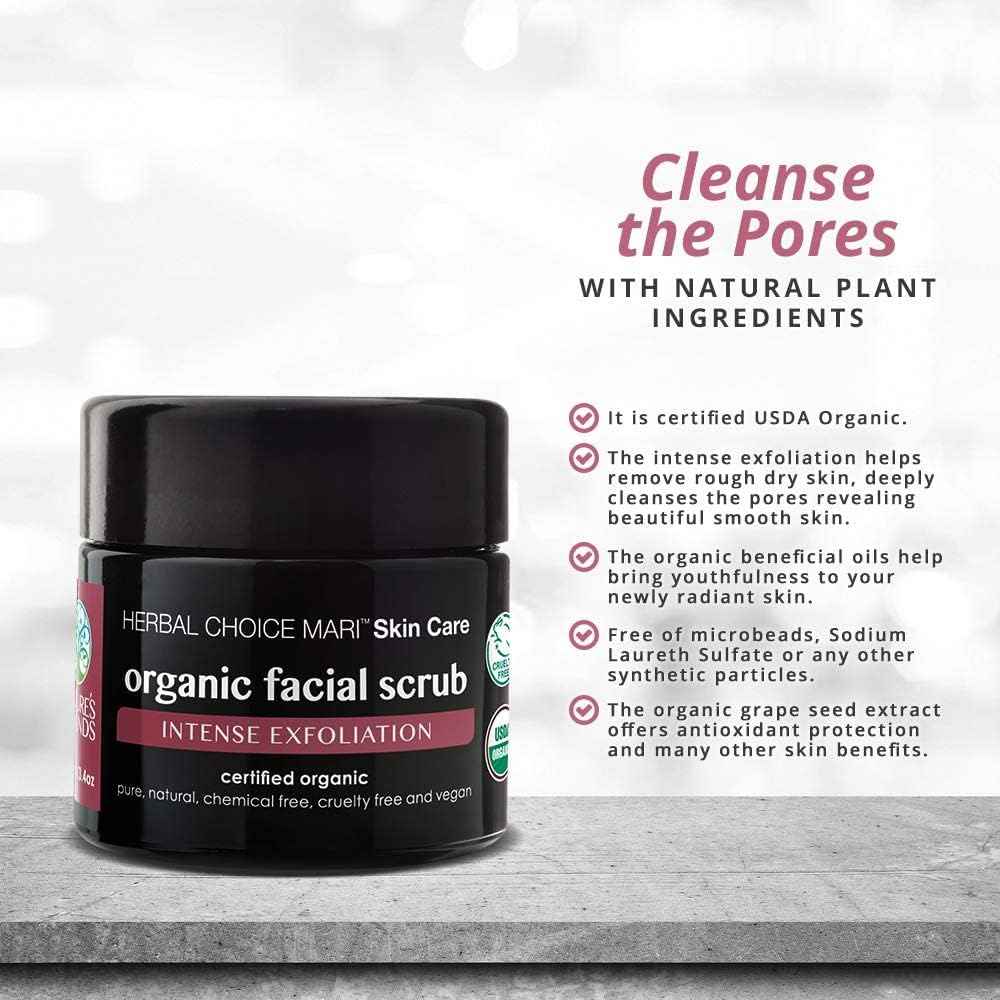 Organic Facial Scrub by Herbal Choice Mari (3.4 Fl Oz Glass Jar) - Intense Exfoliating Face Wash with Brown Sugar, Sea Salt, Shea Butter, and Grape Seed - For Dry Skin - No Toxic Chemicals